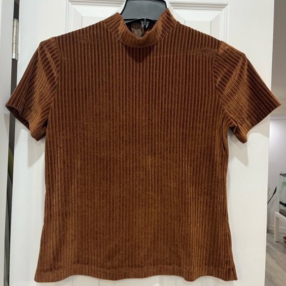 Vintage Brown Corduroy Texture High Collar Velvety Blouse No Label Fits Medium - Picture 1 of 4